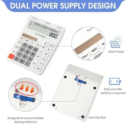 Desktop Calculator Large Display Big Buttons with 12 Digits 2-line LCD, Dual Solar Power and Battery, Calculator with Tax and Check Function for Office, Home, School and Business （OA-608） - 5