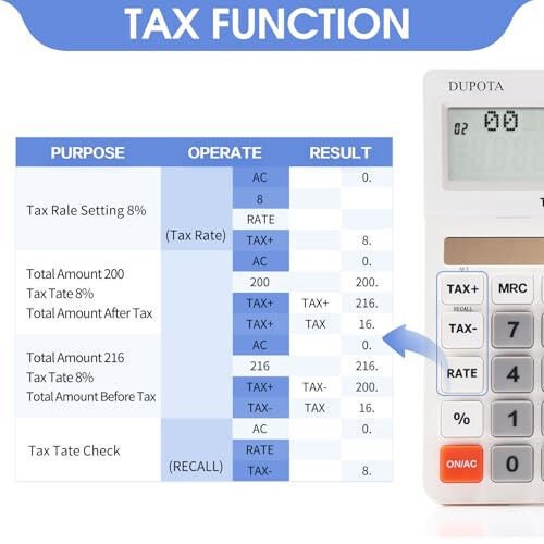 Desktop Calculator Large Display Big Buttons with 12 Digits 2-line LCD, Dual Solar Power and Battery, Calculator with Tax and Check Function for Office, Home, School and Business （OA-608） - 6