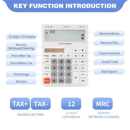 Desktop Calculator Large Display Big Buttons with 12 Digits 2-line LCD, Dual Solar Power and Battery, Calculator with Tax and Check Function for Office, Home, School and Business （OA-608） 