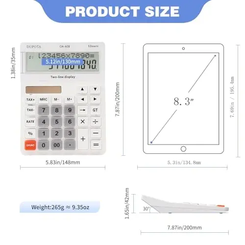Desktop Calculator Large Display Big Buttons with 12 Digits 2-line LCD, Dual Solar Power and Battery, Calculator with Tax and Check Function for Office, Home, School and Business （OA-608） - 4