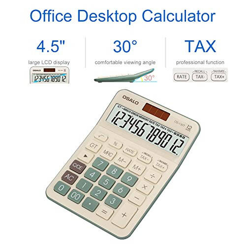 Desktop Calculator Large LCD Display 12 Digit Number Big Button Tax Financial Accounting Calculator, Battery and Solar Powered, for Desk Office Home Business Use(OS-130T Green) - 3