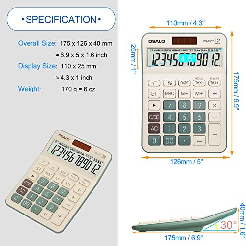 Desktop Calculator Large LCD Display 12 Digit Number Big Button Tax Financial Accounting Calculator, Battery and Solar Powered, for Desk Office Home Business Use(OS-130T Green) - 4