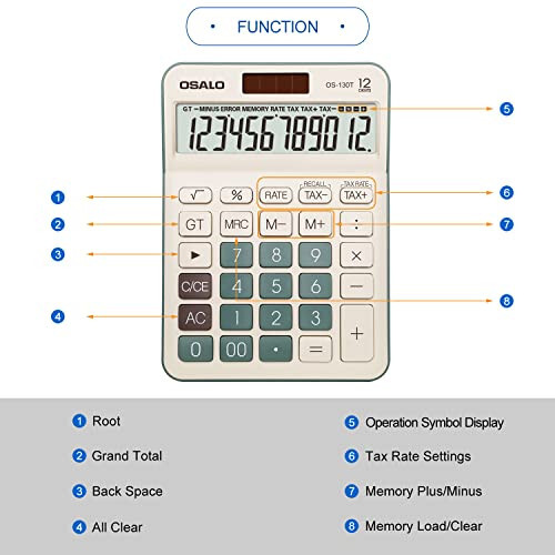 Desktop Calculator Large LCD Display 12 Digit Number Big Button Tax Financial Accounting Calculator, Battery and Solar Powered, for Desk Office Home Business Use(OS-130T Green) - 5