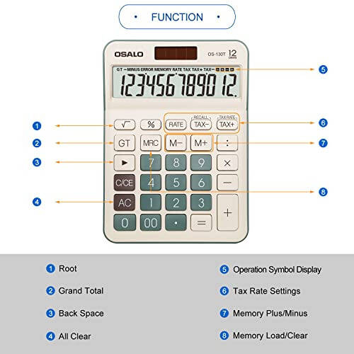 Desktop Calculator Large LCD Display 12 Digit Number Big Button Tax Financial Accounting Calculator, Battery and Solar Powered, for Desk Office Home Business Use(OS-130T Green) - 5