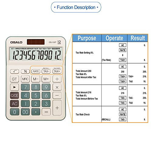 Desktop Calculator Large LCD Display 12 Digit Number Big Button Tax Financial Accounting Calculator, Battery and Solar Powered, for Desk Office Home Business Use(OS-130T Green) - 6