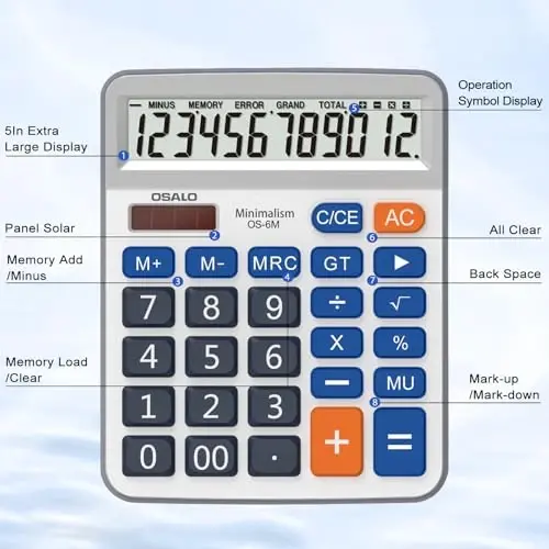 Desktop Calculator Large LCD Display 12 Digit Number Handheld Portable Pocket Basic Calculator with Big Soft Sensitive Button, Battery and Solar Powered, for Office Home School Use(OS-6M) - 3