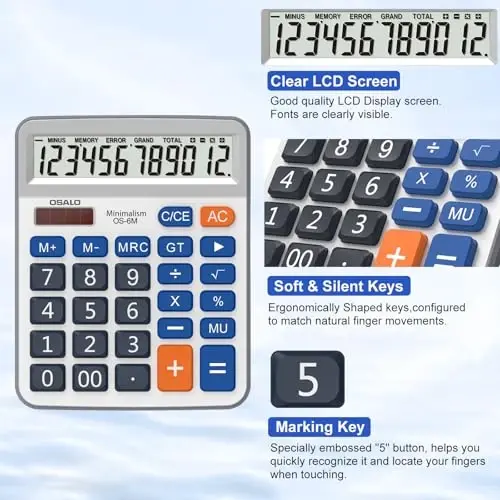 Desktop Calculator Large LCD Display 12 Digit Number Handheld Portable Pocket Basic Calculator with Big Soft Sensitive Button, Battery and Solar Powered, for Office Home School Use(OS-6M) - 4