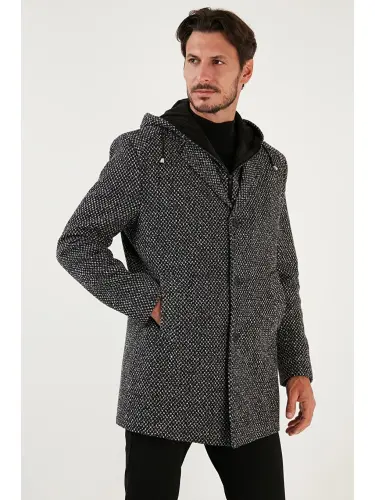 Detachable Hooded Mottled Slim Fit Cashmere Coat 5841013-Black 