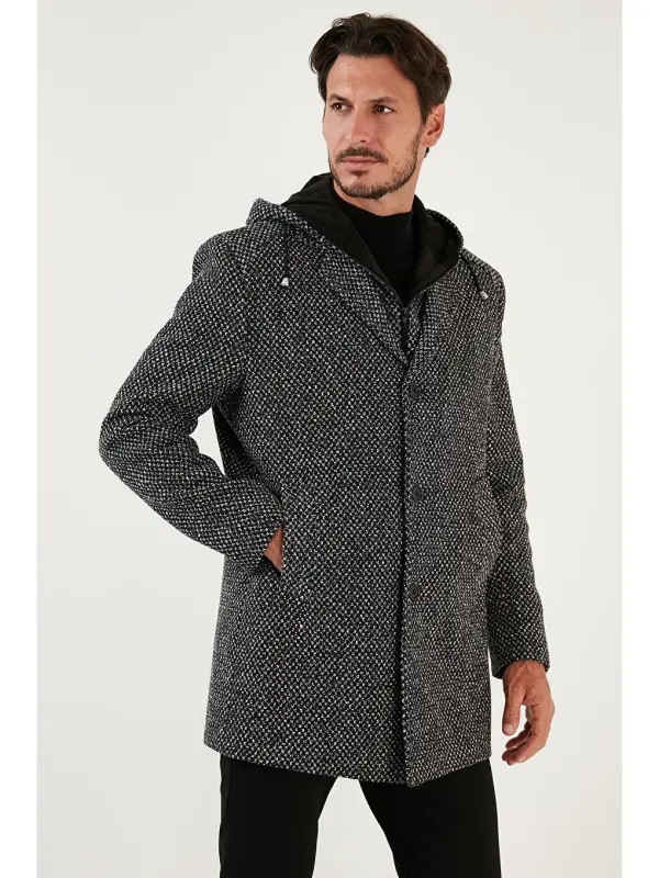 Detachable Hooded Mottled Slim Fit Cashmere Coat 5841013-Black - 1