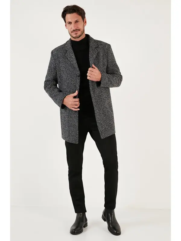 Detachable Hooded Mottled Slim Fit Cashmere Coat 5841013-Black - 2