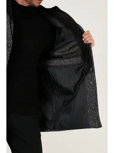 Detachable Hooded Mottled Slim Fit Cashmere Coat 5841013-Black - 5