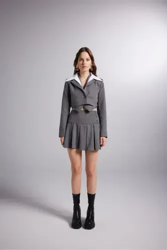 Detachable Shirt Collar Detailed Striped Crop Kira Blazer Jacket Grey - 4