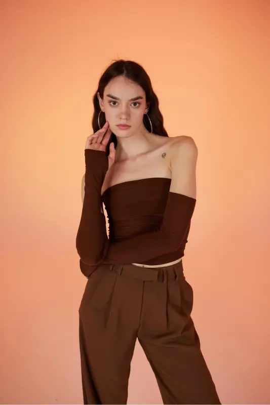 Detachable Sleeve Strapless Smooth Blouse Brown-Coffee - 2