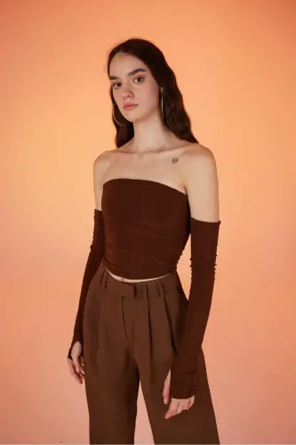 Detachable Sleeve Strapless Smooth Blouse Brown-Coffee - 3