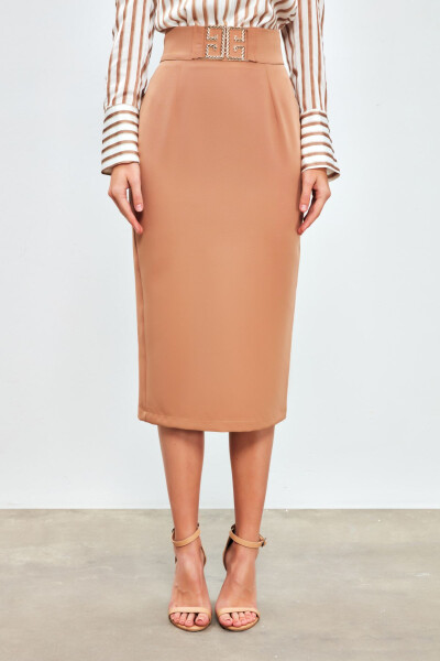 Detailed Accessory Pencil Skirt - CAMEL - 4