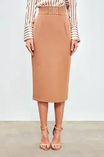 Detailed Accessory Pencil Skirt - CAMEL - 4