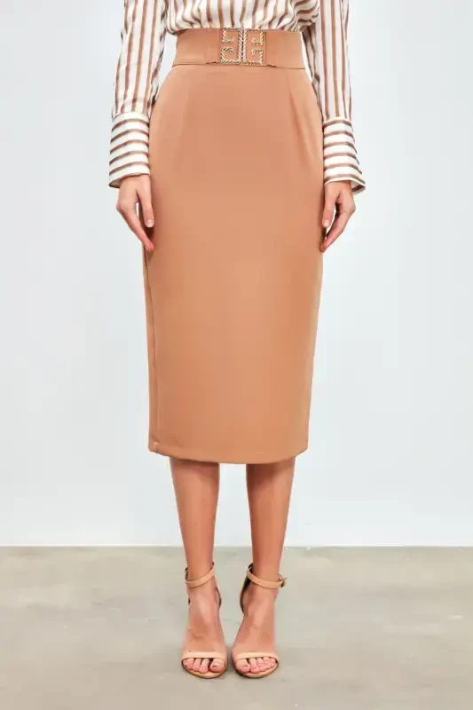 Detailed Accessory Pencil Skirt - CAMEL - 4