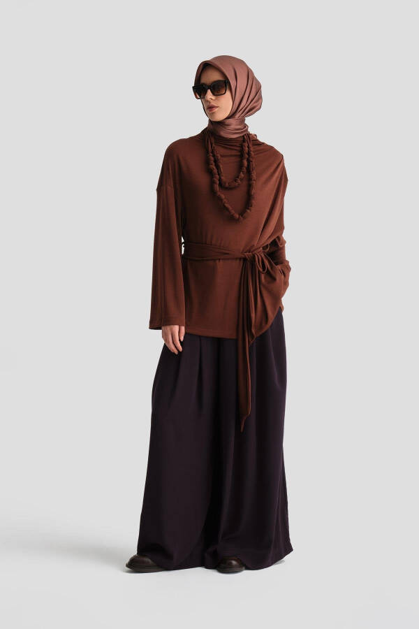 Detailed Draped Necklace Blouse (24k3614) Reddish Brown - 10