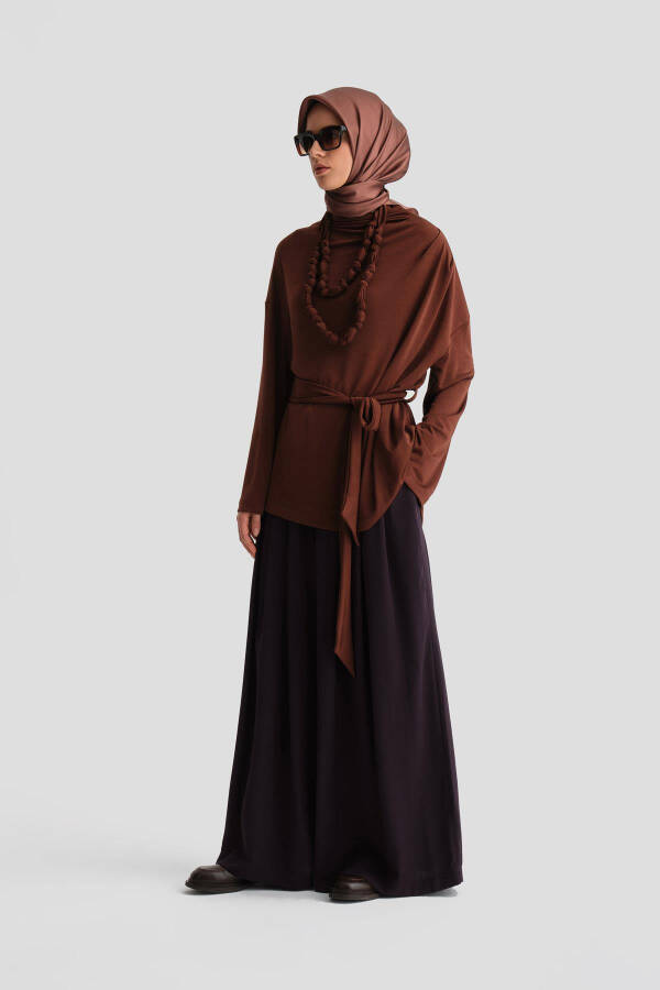 Detailed Draped Necklace Blouse (24k3614) Reddish Brown - 11