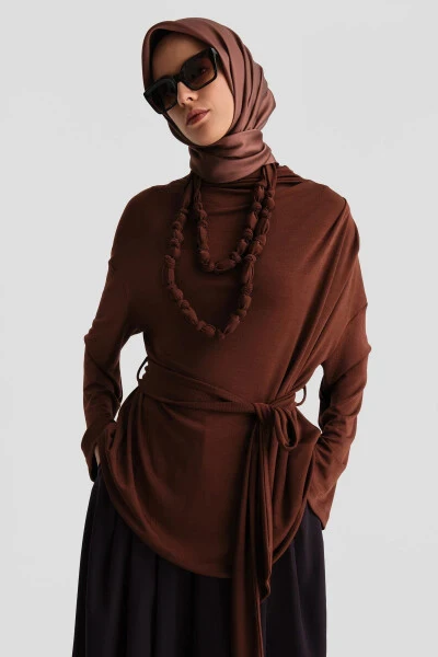 Detailed Draped Necklace Blouse (24k3614) Reddish Brown - ARMINE
