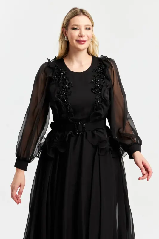 Detailed Embroidered Long Chiffon Dress-Black - 2