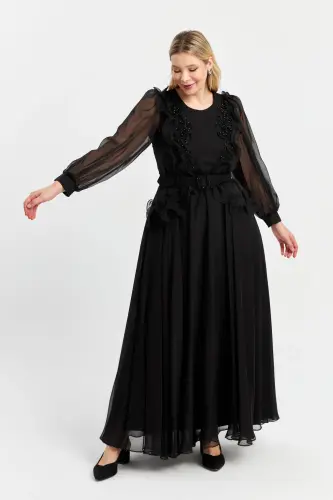 Detailed Embroidered Long Chiffon Dress-Black - 3