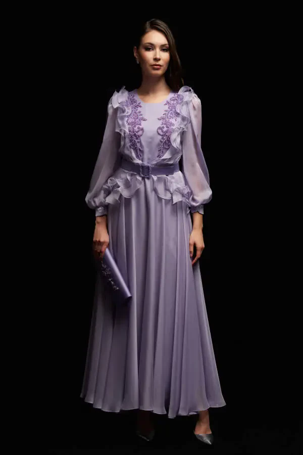 Detailed Long Chiffon Evening Dress-Lilac - 1