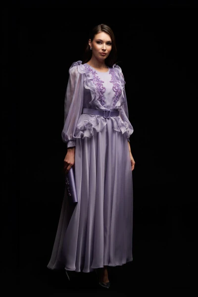 Detailed Long Chiffon Evening Dress-Lilac - 2