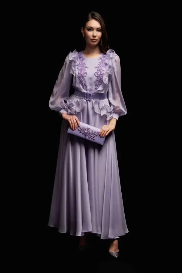 Detailed Long Chiffon Evening Dress-Lilac - 3