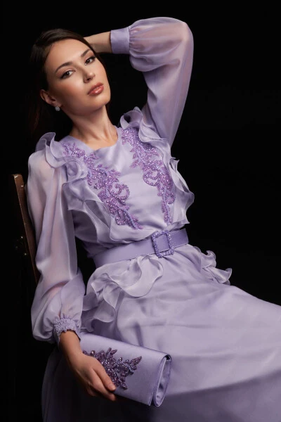 Detailed Long Chiffon Evening Dress-Lilac - 4