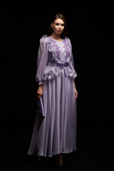 Detailed Long Chiffon Evening Dress-Lilac - 9