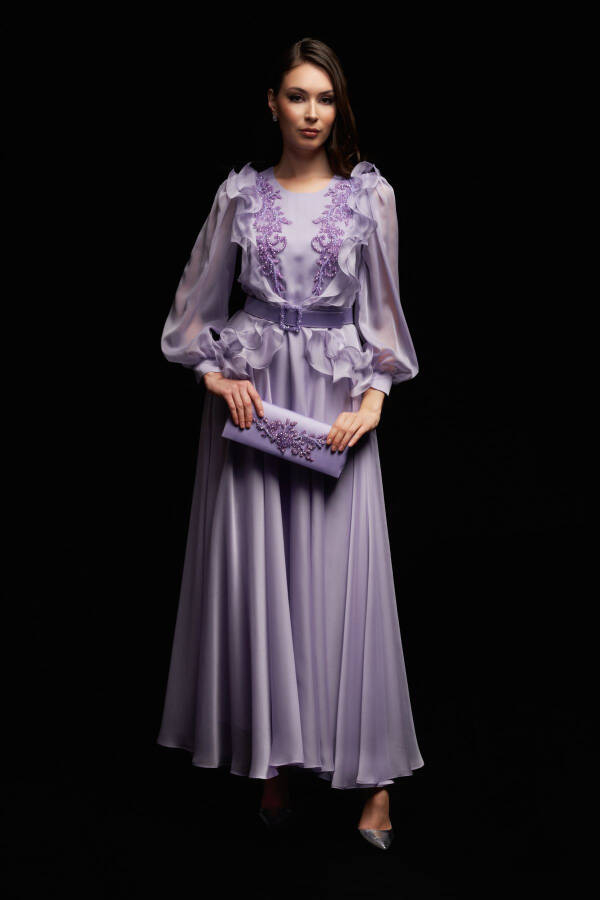 Detailed Long Chiffon Evening Dress-Lilac - 10