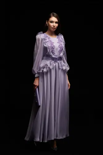 Detailed Long Chiffon Evening Dress-Lilac - 2