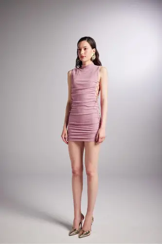 Detailed Ruched Sequin Mini Fabia Dress Pink-Pink - 12