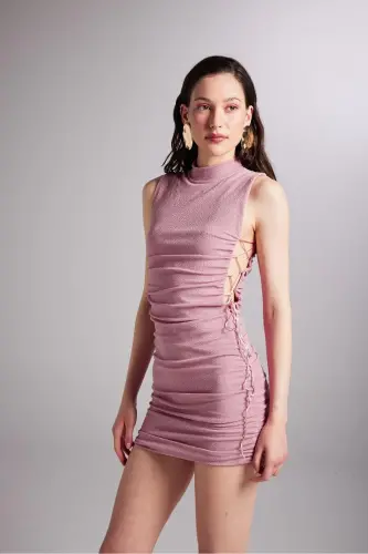 Detailed Ruched Sequin Mini Fabia Dress Pink-Pink - 4