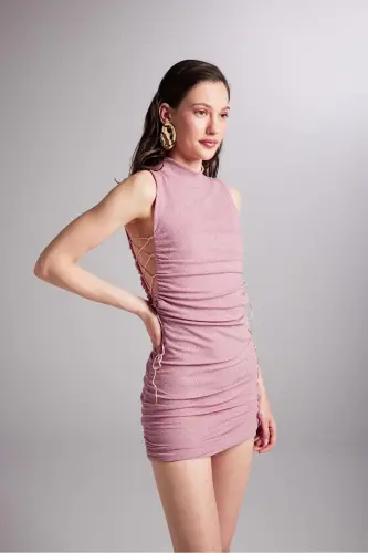 Detailed Ruched Sequin Mini Fabia Dress Pink-Pink - 6