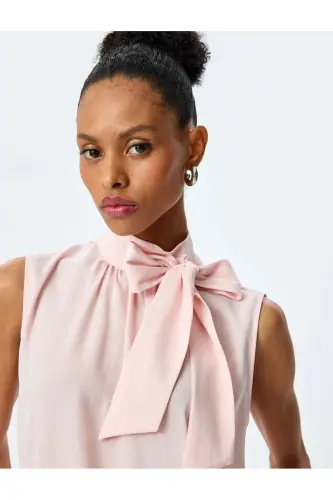 Detailed Tie High Neck Sleeveless Satin Blouse - 1