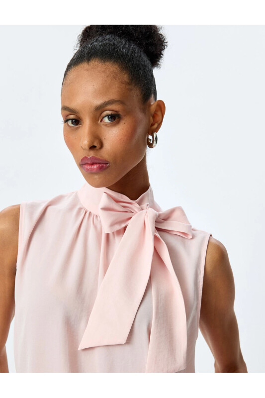 Detailed Tie High Neck Sleeveless Satin Blouse - 1