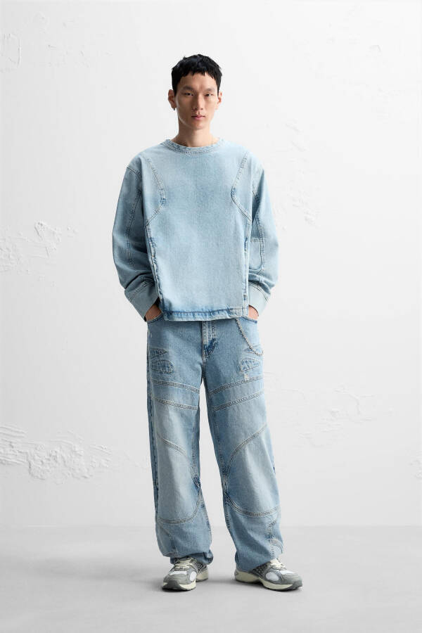 Detaylı dikişli denim sweatshirt - Mavi - 9