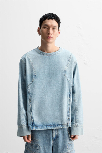 Detaylı dikişli denim sweatshirt - Mavi - 10