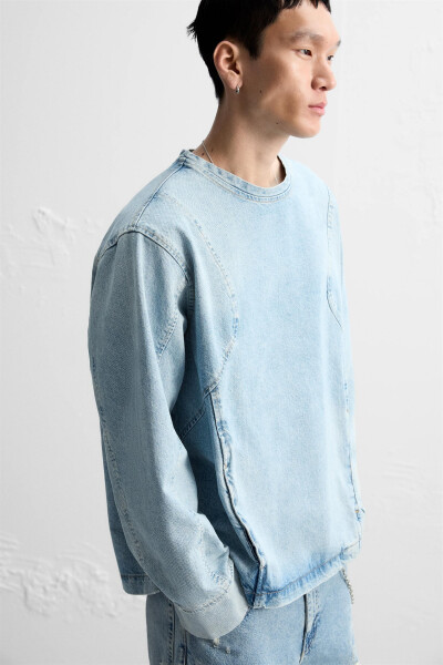 Detaylı dikişli denim sweatshirt - Mavi - 13