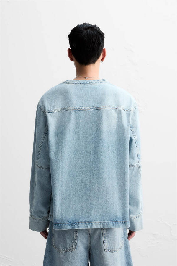 Detaylı dikişli denim sweatshirt - Mavi - 3