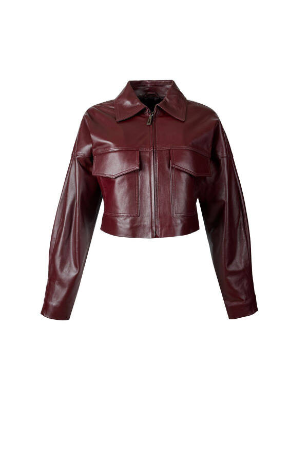 Detroit Women's Crop Genuine Leather Jacket Burgundy - 1