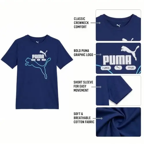 Детская футболка PUMA - Футболка с логотипом PUMA для мальчиков - Спортивная футболка с круглым вырезом и коротким рукавом (S-XL), размер Large, зелено-желтая - 5
