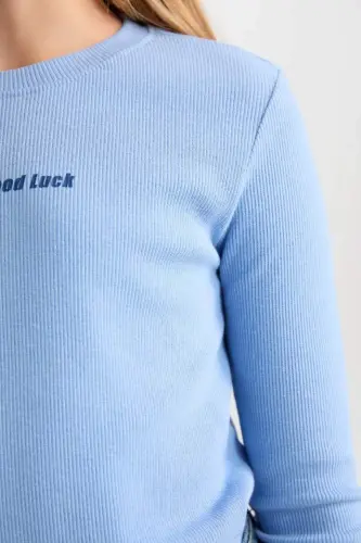 Детская футболка с длинным рукавом в рубчик, с круглым вырезом и принтом для девочки - синяя - 5