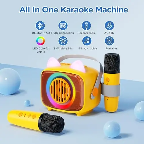 Детская караоке-машина BIGASUO, миниатюрная портативная колонка Bluetooth с двумя беспроводными микрофонами и светодиодной подсветкой, идеальный подарок для детей на день рождения, домашняя вечеринка - Modazone (1)