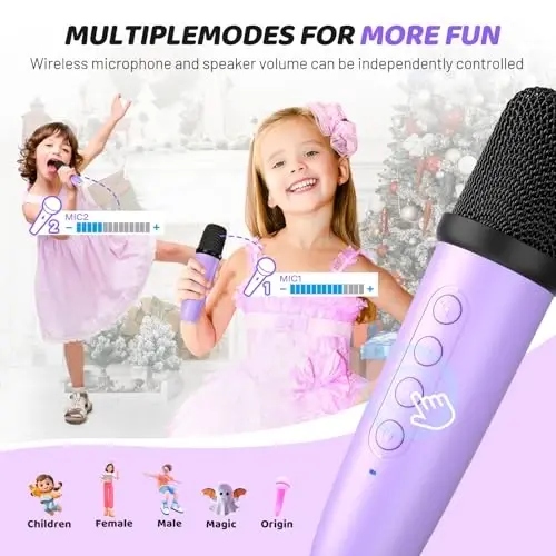 Детская мини-караоке-машина SUDOTACK, портативная караоке-колонка Bluetooth с 2 беспроводными микрофонами со светодиодной подсветкой, детские игрушки в подарок на день рождения для девочек 4, 5, 6, 7, 8, 9, 10 + лет — фиолетовая (KM100) - 5