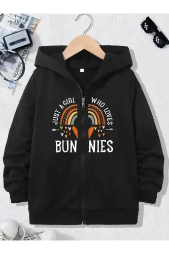 Детская толстовка с капюшоном для мальчиков и девочек с принтом Bunnıes, черная на молнии-mdl1 - 1