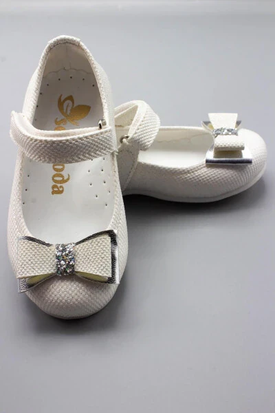 Детские балетки с бантом и стразами, экрю - 16
