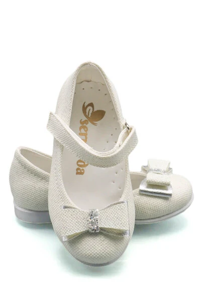 Детские балетки с бантом и стразами, экрю - SERMODA